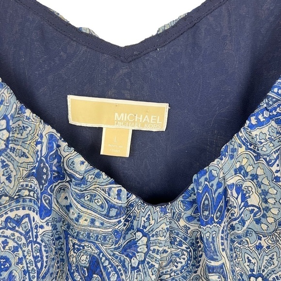 Michael Kors Blue Dress Paisley Ruffle Neck Shift Boho Peasant SZ L Cottagecore - Picture 2 of 8